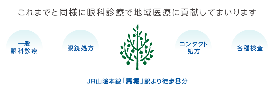 京都府亀岡市、JR馬堀駅より徒歩8分の和田眼科です。これまで同様に眼科診療で地域医療に貢献してまいります。一般眼科診療はもちろん、眼鏡・コンタクトレンズ処方もご相談ください。